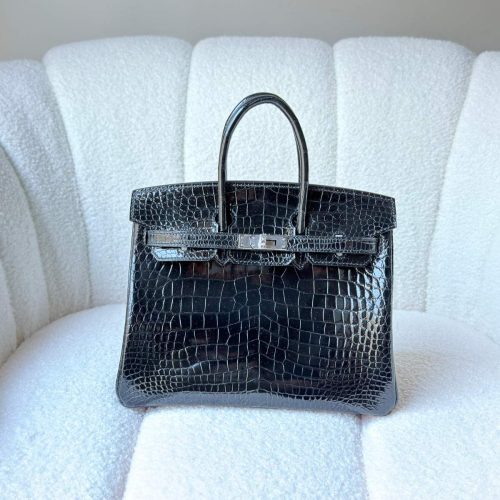 Hermes Birkin 25 Black Shiny Crocodile Embossed Leather Palladium Hardware