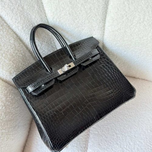 Hermes Birkin 25 Black Shiny Crocodile Embossed Leather Palladium Hardware