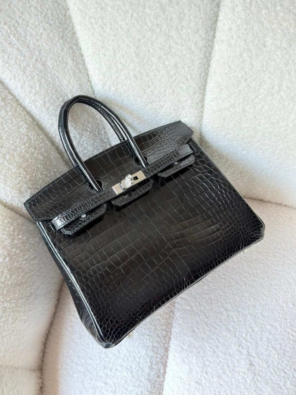 Hermes Birkin 25 Black Shiny Crocodile Embossed Leather Palladium Hardware