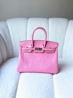 Hermes Birkin 25 Bubblegum Pink Matte Crocodile Embossed Leather Palladium Hardware