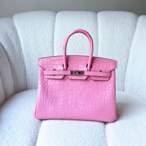 Hermes Birkin 25 Bubblegum Pink Matte Crocodile Embossed Leather Palladium Hardware