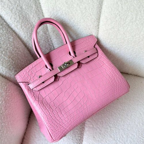 Hermes Birkin 25 Bubblegum Pink Matte Crocodile Embossed Leather Palladium Hardware
