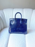 Hermes Birkin 25 Deep Blue Shiny Crocodile Embossed Leather Palladium Hardware