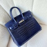 Hermes Birkin 25 Deep Blue Shiny Crocodile Embossed Leather Palladium Hardware