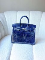 Hermes Birkin 25 Deep Blue Shiny Crocodile Embossed Leather Palladium Hardware