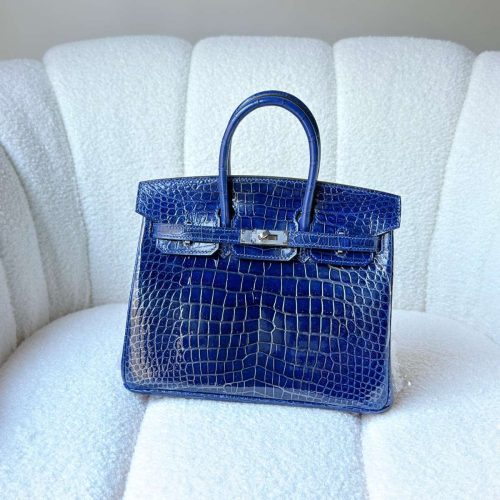 Hermes Birkin 25 Deep Blue Shiny Crocodile Embossed Leather Palladium Hardware