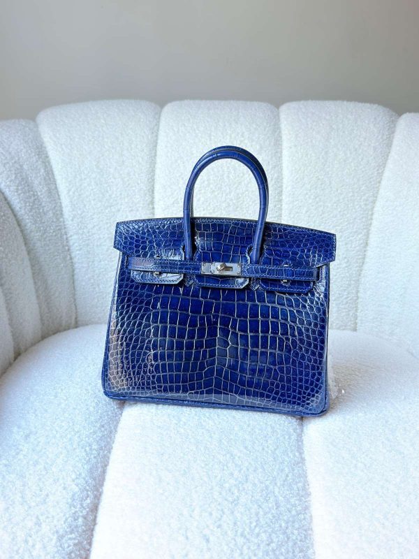 Hermes Birkin 25 Deep Blue Shiny Crocodile Embossed Leather Palladium Hardware