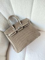 Hermes Birkin 25 Poussiere Beige Shiny Crocodile Embossed Leather Palladium Hardware