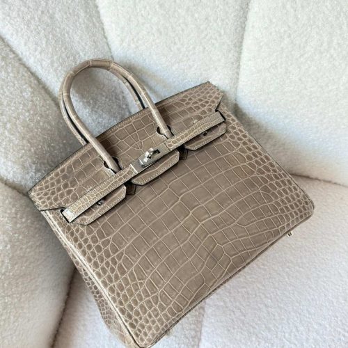 Hermes Birkin 25 Poussiere Beige Shiny Crocodile Embossed Leather Palladium Hardware
