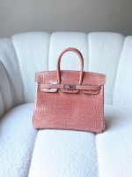 Hermes Birkin 25 Rose Indiennes Shiny Crocodile Embossed Leather Palladium Hardware