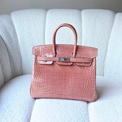 Hermes Birkin 25 Rose Indiennes Shiny Crocodile Embossed Leather Palladium Hardware