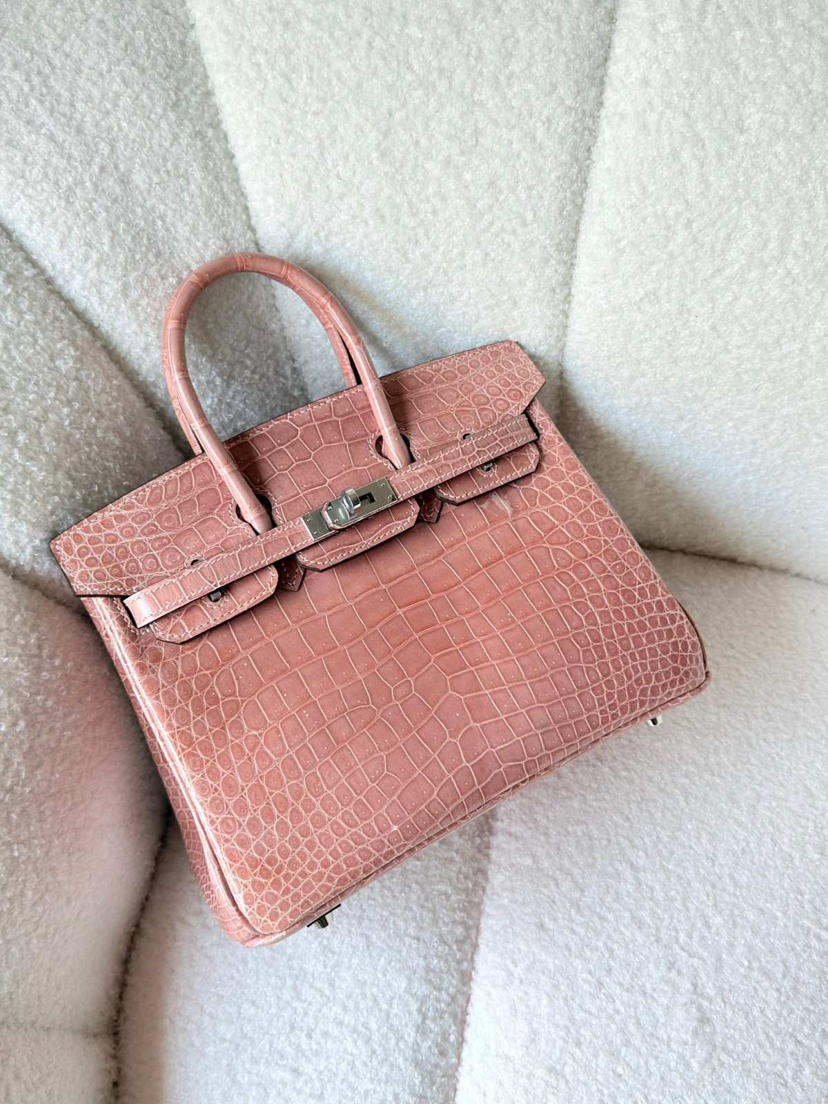 Hermes Birkin 25 Rose Indiennes Shiny Crocodile Embossed Leather Palladium Hardware Hermes Birkin 25 Rose Indiennes Shiny Crocodile Embossed Leather Palladium Hardware