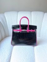 Hermes Birkin 25 Rose Pourpre And Black Shiny Crocodile Embossed Leather Palladium Hardware