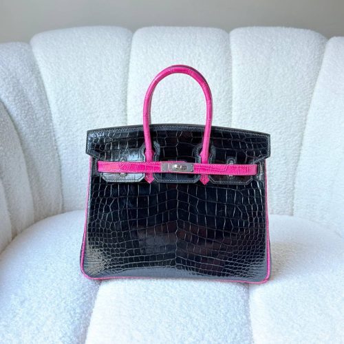 Hermes Birkin 25 Rose Pourpre And Black Shiny Crocodile Embossed Leather Palladium Hardware