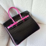 Hermes Birkin 25 Rose Pourpre And Black Shiny Crocodile Embossed Leather Palladium Hardware