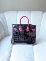 Hermes Birkin 25 Rose Pourpre And Black Shiny Crocodile Embossed Leather Palladium Hardware