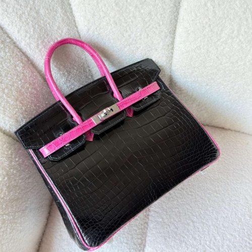 Hermes Birkin 25 Rose Pourpre And Black Shiny Crocodile Embossed Leather Palladium Hardware