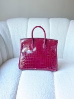 Hermes Birkin 25 Rose Pourpre Shiny Crocodile Embossed Leather Palladium Hardware