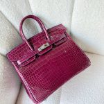Hermes Birkin 25 Rose Pourpre Shiny Crocodile Embossed Leather Palladium Hardware