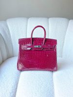 Hermes Birkin 25 Rose Pourpre Shiny Crocodile Embossed Leather Palladium Hardware