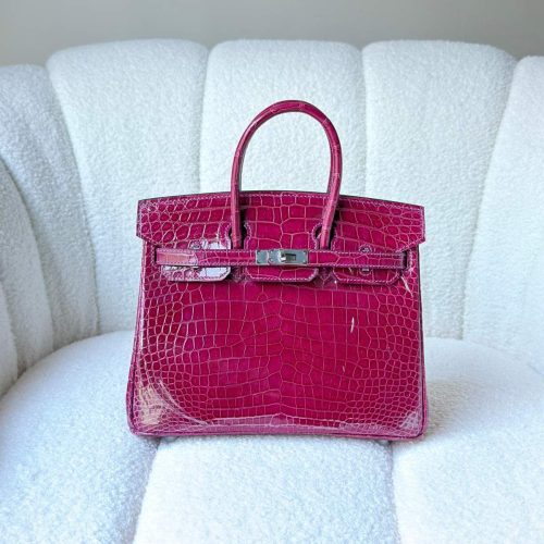 Hermes Birkin 25 Rose Pourpre Shiny Crocodile Embossed Leather Palladium Hardware