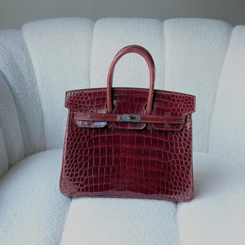 Hermes Birkin 25 Rouge H Shiny Crocodile Embossed Leather