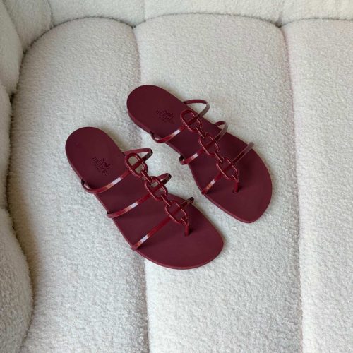Hermes Burgundy Mykonos Flat Rubber Sandals