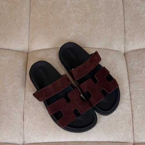 Hermes Chypre H Cut-Out Dark Marron Suede Flat Sandals