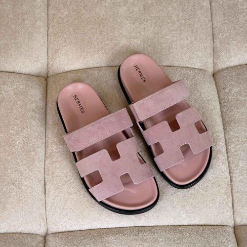 Hermes Chypre H Cut-Out Pink Suede Flat Sandals