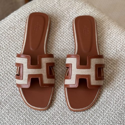 Hermes Oran Beige Canvas & Gold Brown Calfskin Leather Flat Sandals