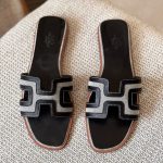 Hermes Oran Black Canvas & Noir Calfskin Leather Flat Sandals