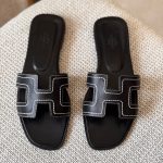 Hermes Oran Black Embroidered Calfskin Leather Flat Sandals