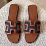 Hermès Oran Bleu Indigo Denim Canvas & Gold Brown Calfskin Leather Flat Sandals