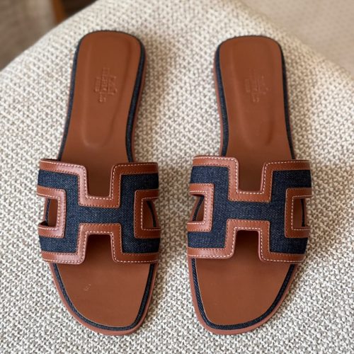 Hermès Oran Bleu Indigo Denim Canvas & Gold Brown Calfskin Leather Flat Sandals