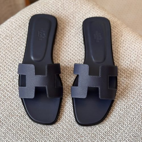 Hermes Oran Dark Navy Blue Epsom Leather Flat Sandals