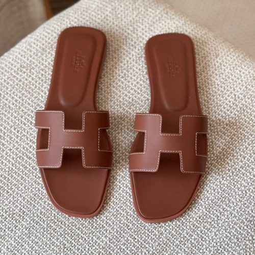 Hermes Oran Gold Box Calfskin Leather Flat Sandals