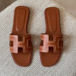 Hermes Oran Gold Embroidered Calfskin Leather Flat Sandals