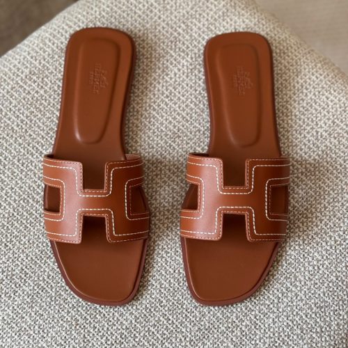 Hermes Oran Gold Embroidered Calfskin Leather Flat Sandals