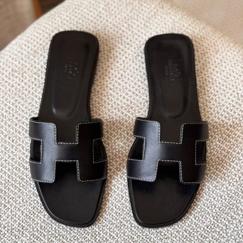 Hermes Oran Noir Black Calfskin Leather Flat Sandals