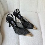 Jimmy Choo Faiz 100 Black Lace Slingback Pumps with Gold-Tone Cap Toe