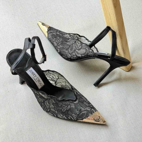 Jimmy Choo Faiz 100 Black Lace Slingback Pumps with Gold-Tone Cap Toe