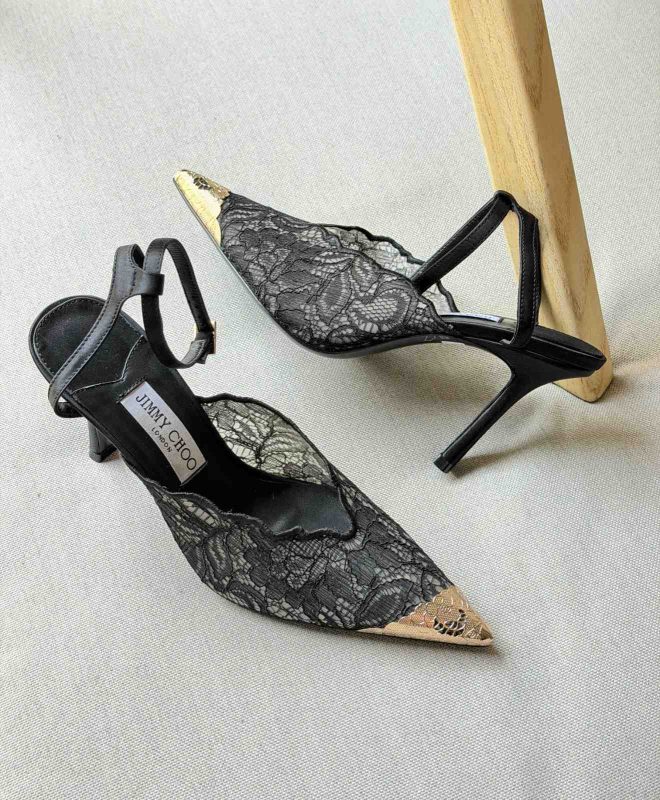Jimmy Choo Faiz 100 Black Lace Slingback Pumps with Gold-Tone Cap Toe