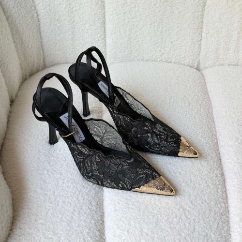 Jimmy Choo Faiz 100 Black Lace Slingback Pumps with Gold-Tone Cap Toe