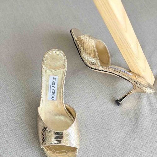 Jimmy Choo Skye 70 Gold Metallic Snake Effect Leather Heeled