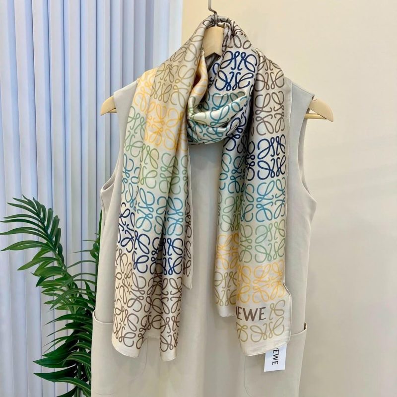 Loewe White Multicolor Anagram Print Silk Scarf