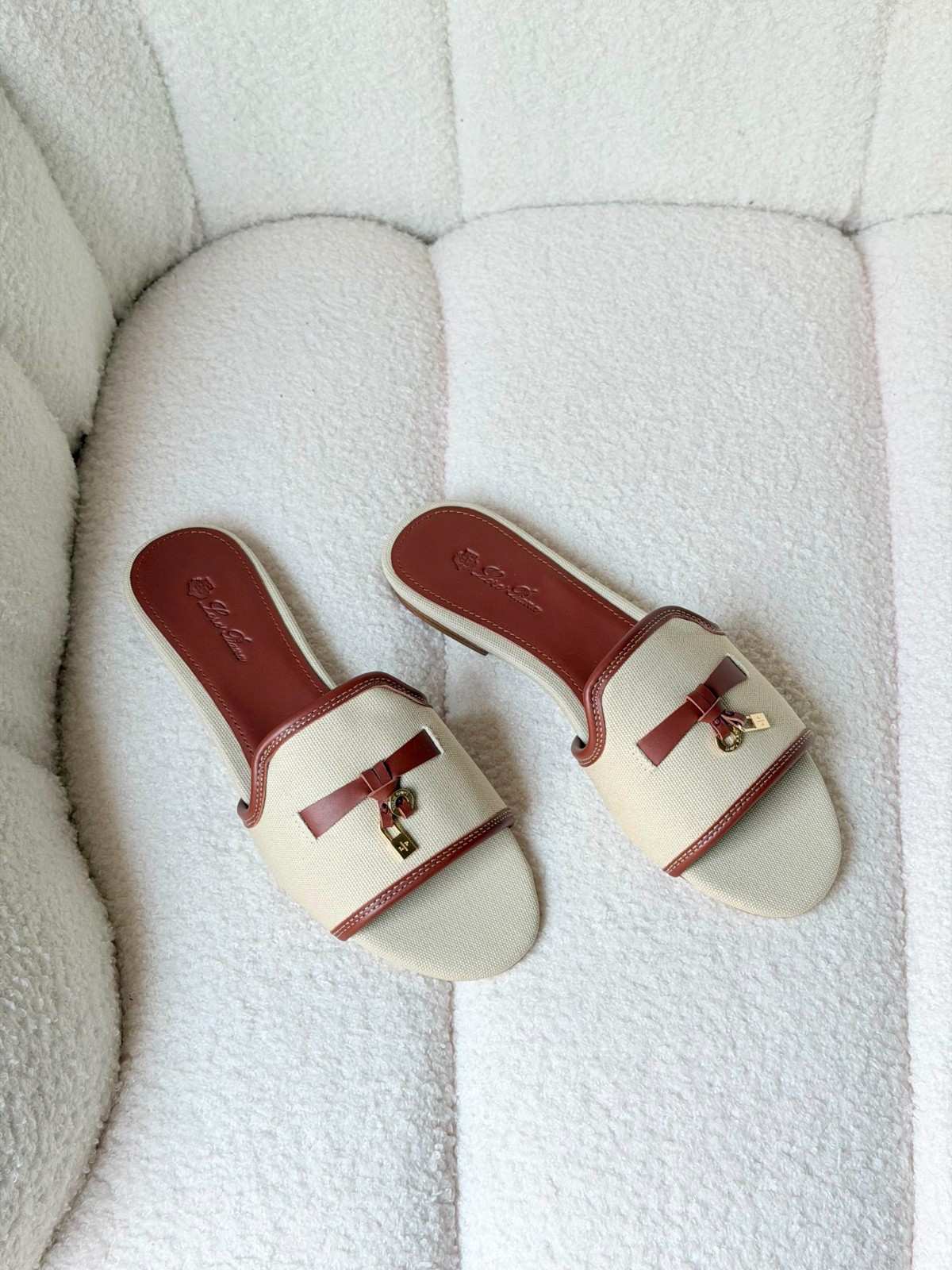 Loro Piana Summer Charms Flat Sandals with Brown Leather Trim Loro Piana Summer Charms Flat Sandals with Brown Leather Trim