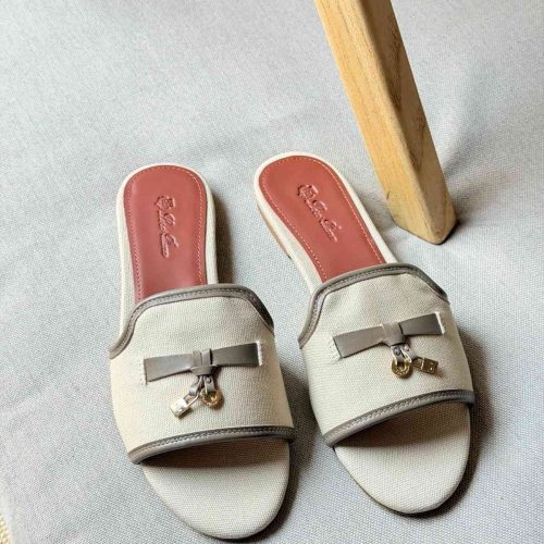 Loro Piana Summer Charms Flat Sandals with Grey Leather Trim