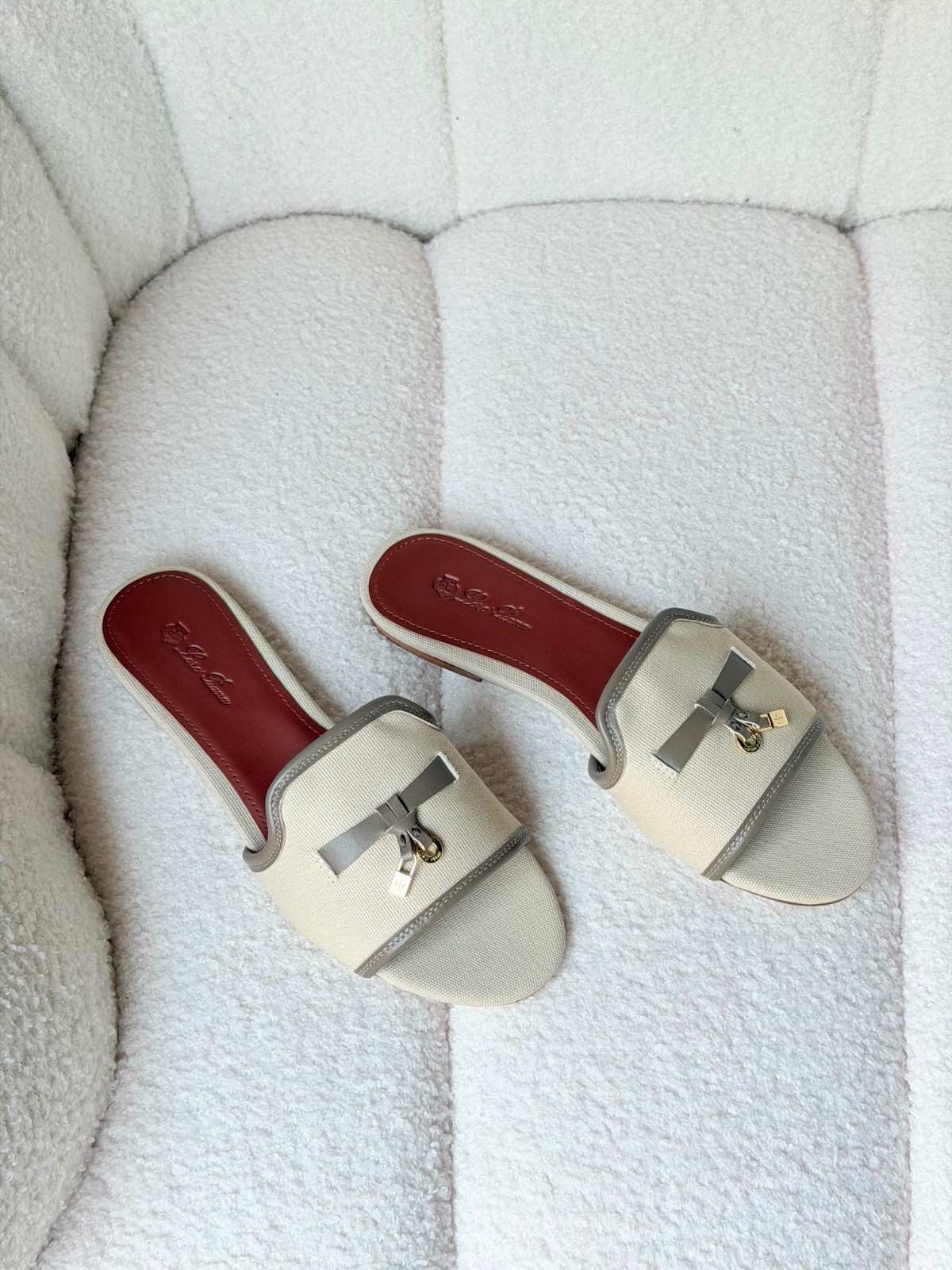 Loro Piana Summer Charms Flat Sandals with Grey Leather Trim Loro Piana Summer Charms Flat Sandals with Grey Leather Trim