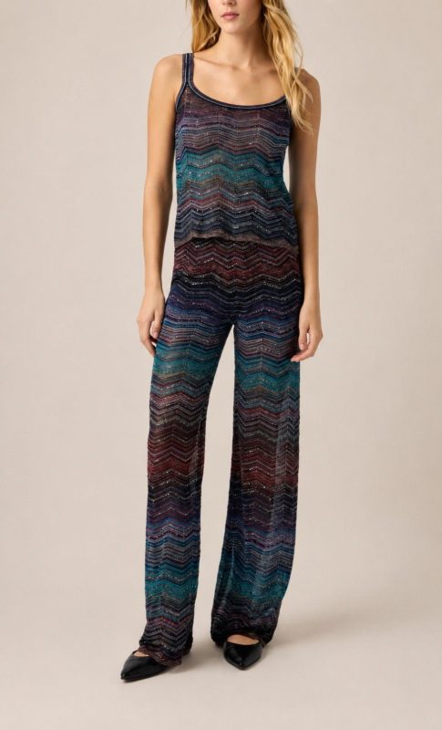 Missoni Sequin Embellished Blue Multicolored Zigzag Pattern Tank Top And Wide Leg Trousers