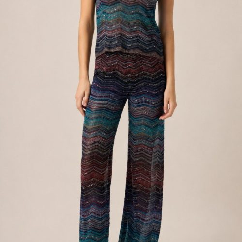 Missoni Sequin Embellished Blue Multicolored Zigzag Pattern Tank Top And Wide Leg Trousers